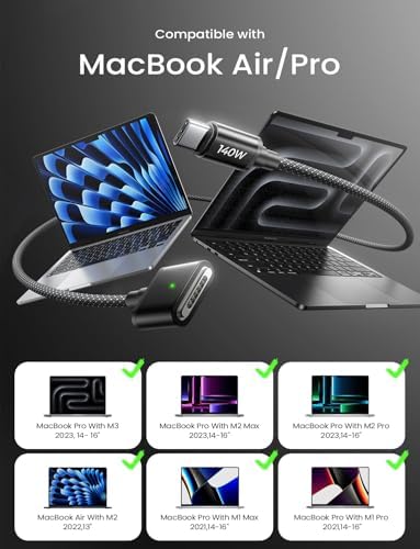 LISEN 6.6 ft USB-C to Mag-Safe 3 Charging Cable for Mac Book Air & Pro (2022-2024) – Premium Rapid Charging Solution, Durable Design with Elegant Midnight Finish, Ideal for Seamless Power Delivery and Enhanced Device Safety