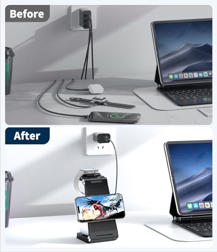 Revolutionize Your Charging Routine with the 3-in-1 Magnetic Wireless Mag-Safe Charging Station for i Phone 16, 15, 14, 13, 12 Pro Max Plus, Apple Watch, and Air Pods Pro – Fast Max Charging in a Compact, Stylish Black Design for Enhanced Efficiency and Device Organization