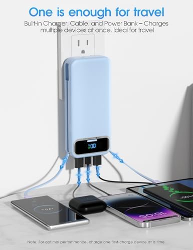 Ultra-Compact 12000 m Ah Power Bank with Built-in Charging Cables & AC Plug – 20 W PD Fast Charging for i Phone, Samsung, Android, USB-C Devices – Travel-Friendly External Battery Pack in Purple – Unmatched Portability and Efficiency for On-the-Go Charging Solutions