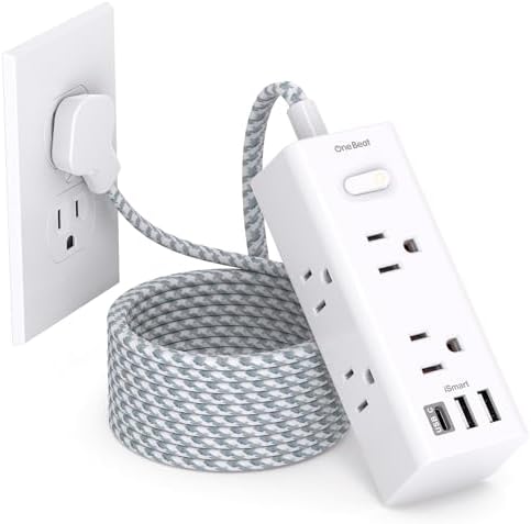 25 Ft Heavy-Duty Extension Cord with Surge Protection – One Beat Flat Plug Power Strip Featuring 6 Outlets & 3 USB Ports (Including USB-C) for Ultimate Device Connectivity in Home, Office, or Dorm Room – Enhanced Flexibility and Rapid Charging Solution