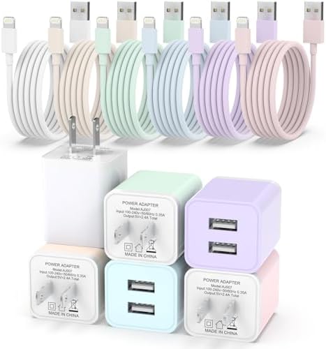 Ultimate i Phone Charging Solution: i GENJUN 5 Pack MFi Certified Fast Charging Set with Dual USB Wall Adapter & 6 FT Lightning Cables for i Phone 14, 13, 12, 11 Pro Max, XR, XS Plus – Vibrant Multicolor Selection for Enhanced Convenience and Speed