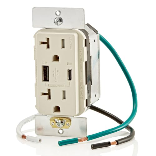 Leviton 60 W In-Wall USB Charger with Dual Type A/Type-C Ports and 20 A Tamper-Resistant Outlet – Fast Charging for Smartphones, Tablets, and Laptops – Modern Light Almond Finish, Ideal for Home and Office Efficiency – Safe, Stylish Power Solution for Tech Enthusiasts