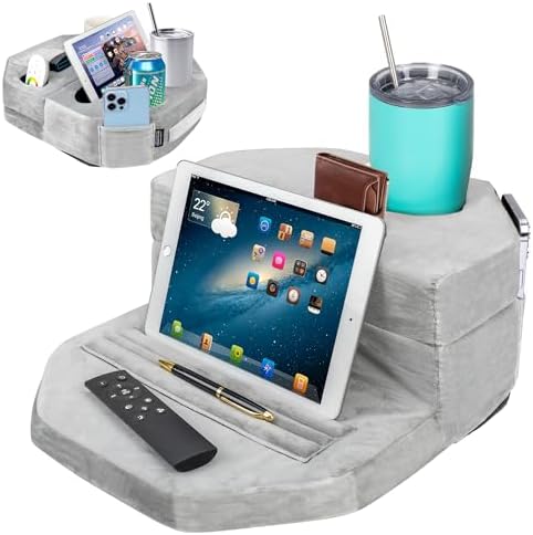 Octagonal Memory Foam Couch Cup Holder Tray Pillow – Versatile Caddy for Drinks, Snacks & Devices – Perfect for Sofa, Bed, RV & Car Travel – Soft Grey Fabric for Comfort & Style – Ultimate Accessory for Organized Relaxation