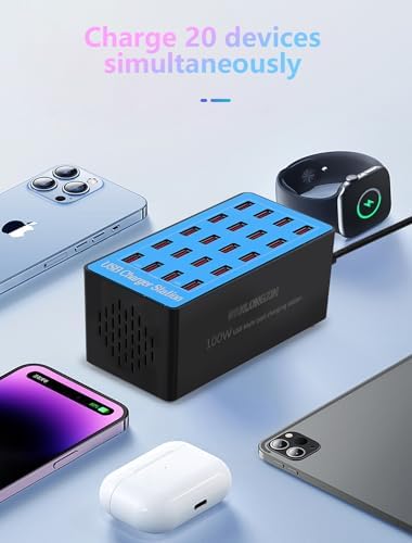 20-Port USB Charging Hub – 100 W Fast Charging Station for Multiple Devices, Smart Power Distribution, Compact USB Charger Dock for Home and Office Use, Ultimate Convenience for Gadgets and Electronics