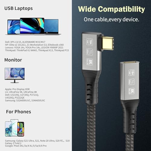 USB-C 4FT 40Gbps Braided Cable – 90 Degree, 8K Display, 100W Charging, Compatible with Thunderbolt 4/3 USB4/3, MacBook Pro, External SSD, eGPU – Enhanced Compatibility and Speed
