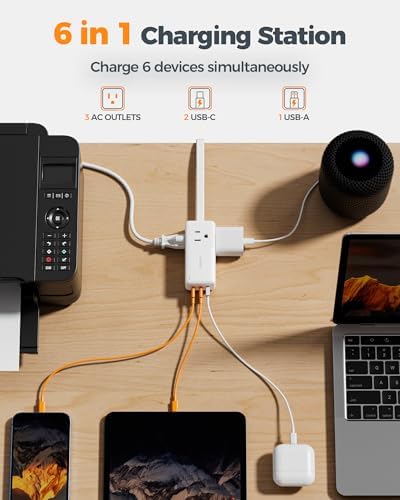 TESSAN 30 W USB Charging Station with Flat Plug & 5 FT Extension Cord – Multiport Fast Charger for Phones, Tablets, Laptops – Perfect Travel Companion with 3 AC Outlets & Enhanced Safety Features for Home and Office Use