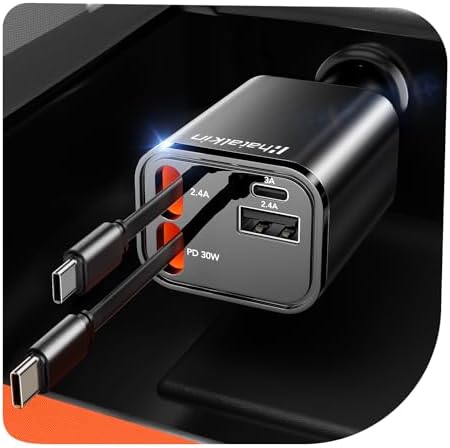 2025 Ultra-Compact 4-in-1 Retractable Car Charger – 69 W Fast Charging Adapter for i Phone 16, Galaxy and More – Innovative Space-Saving Design with Multiple Ports for Simultaneous Device Powering – Essential Car Accessory for Daily Commutes and Road Trips