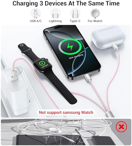 Temdan 3-in-2 USB C Charging Cable: Versatile Multi-Device Charger for Apple Watch Ultra, SE & i Phone 12-16 – Rapid Charge, Compact Travel Essential – Stylish Pink Smartwatch Accessory for On-the-Go Power Solutions
