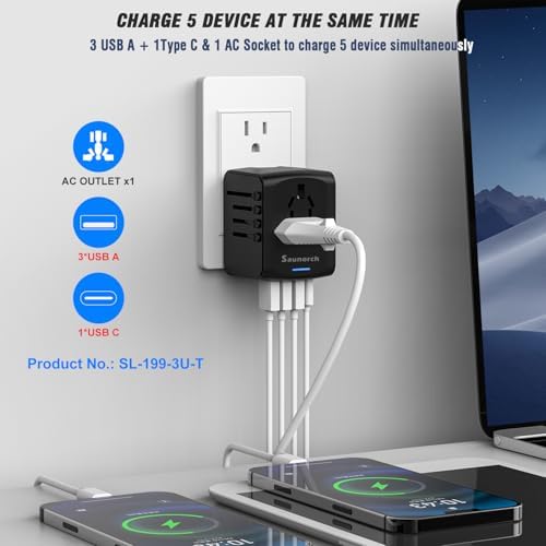 Advanced 7-in-1 Universal Travel Adapter with 35 W PD Fast Charging – Sleek Black & Silver Design for Worldwide Use, Featuring 4 USB-C and 2 USB-A Ports for Effortless Connectivity Across the US, UK, Europe, and Australia – Unmatched Compatibility and Speed for Every Adventure