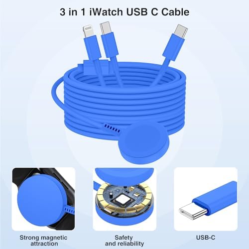 Ultimate 3-in-1 Magnetic Charger for Apple Watch – Fast USB-C Charging Cable for i Phone & i Pad Compatibility – 6 FT Versatile Length for All Apple Watch Series – Durable Design for Effortless Home and Travel Charging