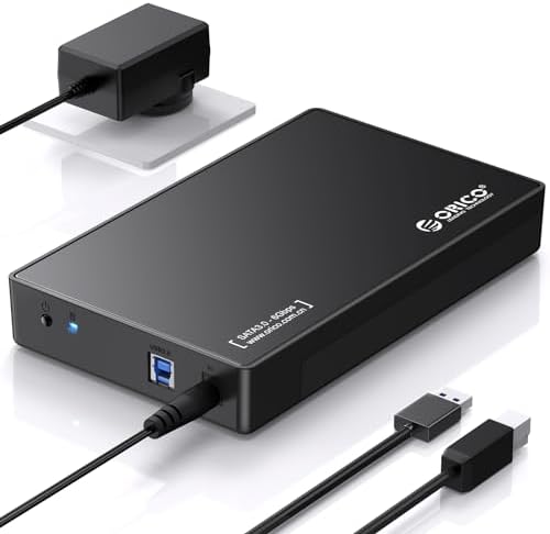 ORICO USB 3.0 External Hard Drive Enclosure for 3.5/2.5 Inch SATA Drives – Effortless Tool-Free Setup, 20 TB Capacity, UASP Acceleration for Superior Data Transfer Speeds, and Reliable 12 V/2 A Power Supply – Ideal Solution for Expanding Storage and Secure Data Transfers