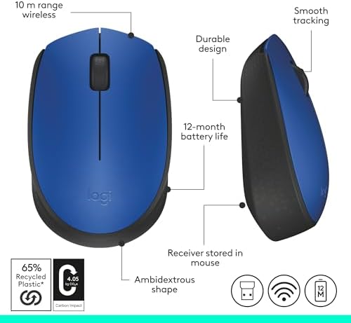 Logitech M170 Wireless Mouse – Ultra-Responsive Optical Tracking, Ambidextrous Design for All Users, 2.4 GHz USB Mini Receiver, 12-Month Battery Life, Perfect for PC, Mac & Laptop – Elevate Your Productivity with Seamless Wireless Freedom