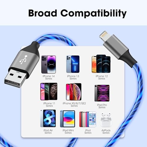 Illuminate Your Charging Routine with the 3.3 ft Light-Up i Phone Charger Cable – MFi Certified LED Charging Cord for i Phone 14/13/12/11/XR/XS/X/8, i Pad, Air Pods, and More – Fast Charging with Vibrant Blue Glow for Enhanced Visibility and Performance