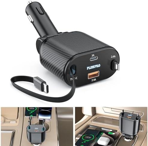 Experience Ultimate Power on the Road: PLDHPRO 80 W Retractable Car Charger – 4-in-1 Fast Charging Adapter with Dual Type-C Cables for i Phone 16, i Pad, and Samsung – Essential Vehicle Accessory for Efficient Charging and Easy Storage – Perfect Gift for Tech Enthusiasts and Travelers