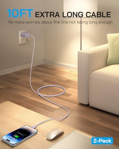 20 W USB-C Wall Charger Duo with 10 ft Lightning Cable – Fast Charge Your i Phone 14/13/12/11/X/8/Pro/Max & Air Pods in Style – Sleek Purple Design for Ultimate Convenience and Extended Reach