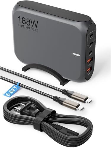 Revolutionary 188 W Ga N USB-C Multiport Charger – High-Efficiency 5-Port Fast Charging Station with PD 3.1 & PPS Compatibility for Mac Book, i Phone 16 Pro Max, Samsung Galaxy S24, Dell XPS & More – Includes Premium 240 W Cable for Enhanced Safety and Performance