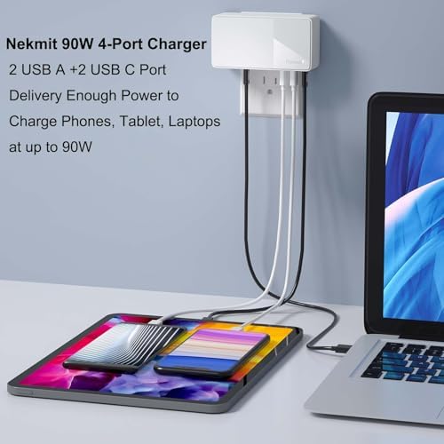 Nekmit 90 W USB C Fast Charger with 4 Ports – Power Delivery 3.0 & PPS Technology for Mac Book, Dell XPS, i Phone 14/13/12, Galaxy S22/S21/S20, i Pad Pro & Pixel – Ultimate Multi-Device Charging Solution for Professionals & Tech Enthusiasts
