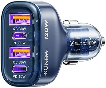 Experience Rapid Roadside Charging with SUNDA 120 W USB C Fast Car Charger – 4-Port Adapter Featuring Dual Type C PD60 W/PPS60 W for i Phone 16/15 Pro/Max/14 & Samsung Galaxy S24, Plus Dual USB-A 30 W QC3.0 for All Android Devices – Compact, Durable, and Universally Compatible for Effortless Multi-Device Charging on the Go