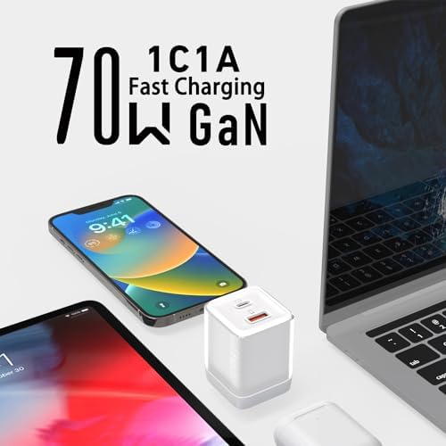 Ultra-Compact 70 W Ga N Dual USB-C Fast Charger – High-Efficiency Wall Adapter for Mac Book Pro/Air, i Pad Pro, Galaxy S23, Dell XPS 13, i Phone 16/15 Pro & Steam Deck – Rapid Charging with Universal Compatibility for Modern Devices