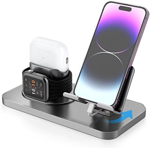 Revolutionize Your Charging Routine with the 180° Adjustable Phone Charger Stand Holder – 3-in-1 Docking Station for Apple Watch, Air Pods, i Pad, and Most Smartphones – Fast Charging & Elegant Gray Design for Enhanced Organization and Accessibility