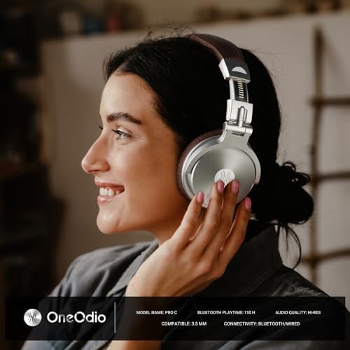 One Odio Studio Pro C Silver Over-Ear Bluetooth Headphones: Immerse Yourself in 110 Hours of Uninterrupted Wireless Audio with High-Performance 50 mm Neodymium Drivers for Rich Deep Bass and Crystal-Clear Sound; Effortlessly Portable Foldable Design Ideal for Travelers, Seamless Compatibility Across PCs, Phones, and Tablets for Ultimate Versatile Listening Experience