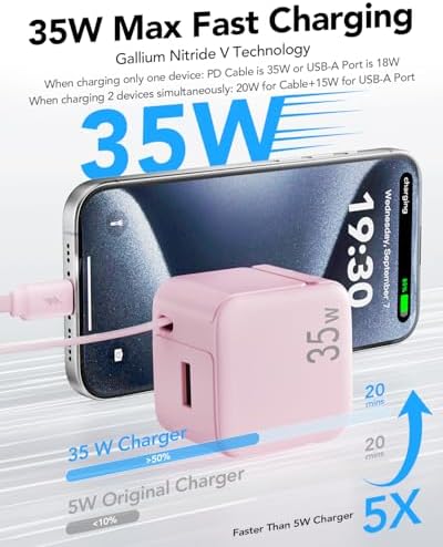 Rapid 35 W Ga N USB Wall Charger with Retractable Lightning Cables – Portable and Sleek Charging Solution for i Phone 14/13/12 & i Pad – Tangle-Free Design for Effortless Travel and Enhanced Compatibility with Apple Devices