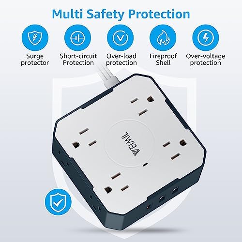 Ultimate Surge Protector Power Strip with 5 Ft Flat Plug Extension Cord, 3 USB Charging Ports (Including 1 USB-C) and 8 AC Outlets – Wall Mountable Multi-Plug Outlet Extender for Home and Office Efficiency, Enhanced Device Compatibility and Fast Charging Solutions