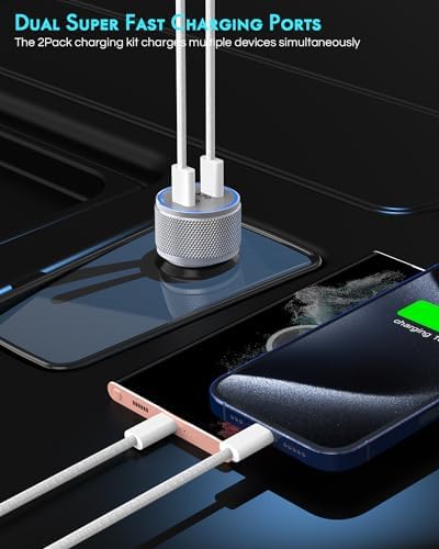 Fast Charge Dual USB-C Car Charger for i Phone 16/16 Pro Max/15 with Braided Nylon Cable – High-Speed PD3.0 Adapter for Convenient On-the-Go Charging – Durable, Compact Design for i Pad Compatibility – Tangle-Free Solution for Everyday Use – Essential Road Trip Companion