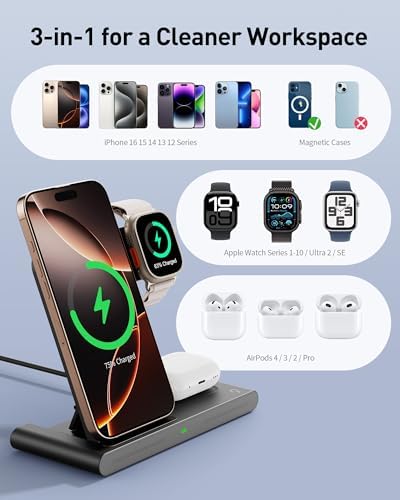 2025 Versatile 3-in-1 Wireless Fast Charger for Apple & Android – Ultimate Travel Charging Station for i Phone 16/15/14/13/12, Apple Watch Series & Air Pods Pro 4/3/2, Samsung Galaxy – Compact & Efficient Power Solution for Tech Enthusiasts and Thoughtful Gifts