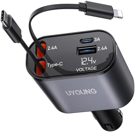 Revolutionize Your Road Trips with the UYOUNG 100 W Retractable Car Charger – 4-in-1 Fast Charging Solution with Dual 31.5-Inch Cables & Dual USB Ports for i Phone 15/14/13/12/11 Pro Max, Samsung, Pixel, and More – Ultimate Compatibility & Speed for Modern Travelers