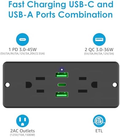 Transform Your Space with HHSOET 5-in-1 Recessed Power Strip – Flat Plug Design Featuring 20 W Fast Charging, 2 AC Outlets, 3 USB Ports (Including USB-C), and 6 ft Power Cord for Effortless Connectivity in Home Offices and Conference Rooms – Elevate Your Charging Efficiency and Aesthetic Appeal