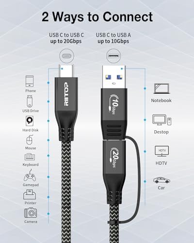 RIITOP 20 Gbps USB 3.2 C to C Cable – 1 FT Braided Type C to A Adapter for External M.2 SSD – Fast Charging & Data Transfer Solution with E-Marker Chipset for Optimal Performance and Compatibility