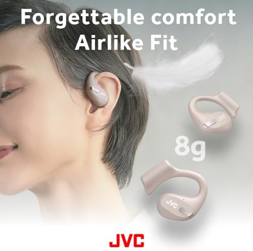 JVC Nearphones: Open Ear True Wireless Earbuds with 16 mm Drivers for Immersive Sound Quality, 38-Hour Battery Life, and Ultra-Portable Design – Ideal for Active Lifestyles and Enhanced Situational Awareness (Beige) – Effortless Device Pairing for Seamless Listening Experience