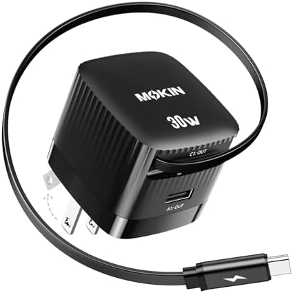 Revolutionary 30 W USB-C Charger Block with Dual Ports – Fast Charging Solution Featuring Retractable Cable & Foldable Plug for Ultimate Portability – Ideal Travel Companion for i Phone 16 Pro Max, Pixel 9 Pro, Galaxy, i Pad & Mac Book – Enhanced PD/PPS Compatibility for Rapid Power Delivery