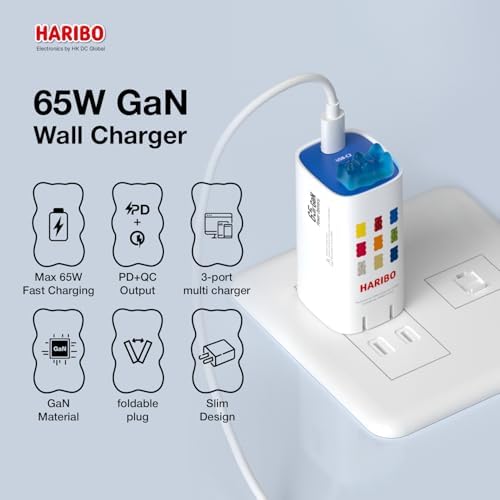 Haribo 65 W Ga N Wall Charger – Fun Gummy Bear Design with PD & QC 3.0 Fast Charge Technology, 3-Port USB-C/USB-A Adapter for i Phone, Galaxy, Pixel, i Pad, Earbuds, Switch, and More – Compact, Universal Compatibility for Effortless Charging at Home or on the Go