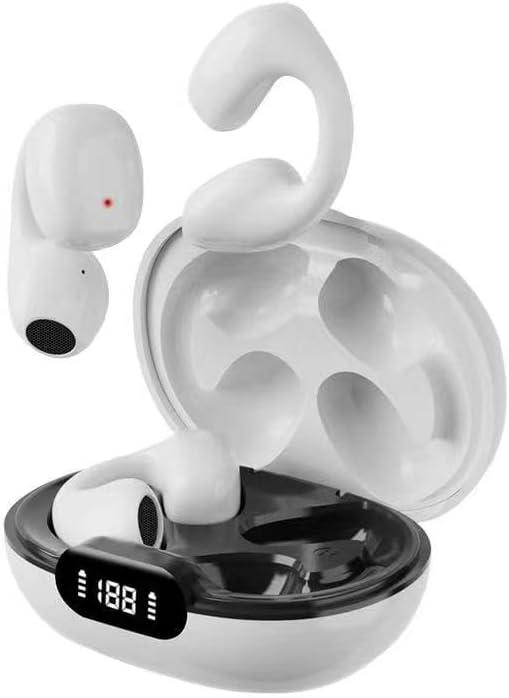 Innovative Bone Conduction Wireless Motion Clip Bluetooth Earphones – Lightweight Earclip Design with Superior Noise Cancellation and Digital Battery Indicator – Ideal for Active Lifestyles and Effortless Device Integration (White)