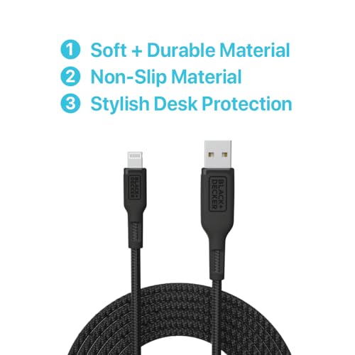 BLACK+DECKER Lightning to USB Charging Cable – Ultra-Fast Charge & Data Sync for All Apple Devices – Durable Braided Construction, Lightweight & Travel-Ready – Versatile Lengths & Color Options, Including Convenient 3 ft Length