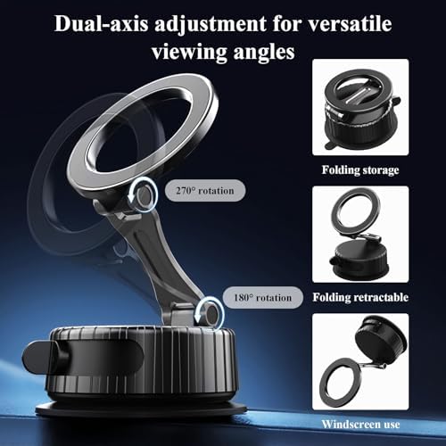 Upgraded Adjustable Vacuum Magnetic Suction Cup Car Phone Holder, Vacuum Magnetic Phone Holder for Car, Hands-Free Suction Cup Phone Mount, Magnetic Phone Mount Suitable for iPhone 16/15/14/13/12 – Enhanced Compatibility and Speed