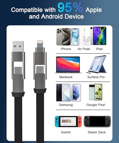 Versatile 10 FT 4-in-1 USB C Fast Charging Cable – 100 W Power Delivery with Lightning, USB-C, and USB-A Ports – Multi-Device Charger for i Phone, Samsung, Mac Book, and i Pad – Quick Data Sync and Durable Design for Ultimate Convenience