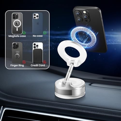 Upgraded 360° Vacuum Magnetic Phone Holder, Suction Cup Phone Mount, Foldable Strong Magnetic Cell Holder for Car/Gym/Mirror/Smooth Surface, Compatible with Magsafe iPhone (White) – Enhanced Compatibility and Speed