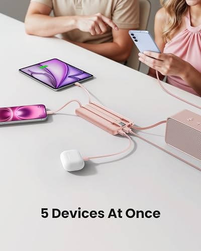 Sleek 10,000 m Ah Ultra-Slim Portable Power Bank – Essential Travel Charger with Integrated Cables, 5 Outputs & 2 Inputs, LED Battery Monitor – Universal Compatibility for i Phone & Android Devices – Chic Pink Design for Effortless On-the-Go Charging