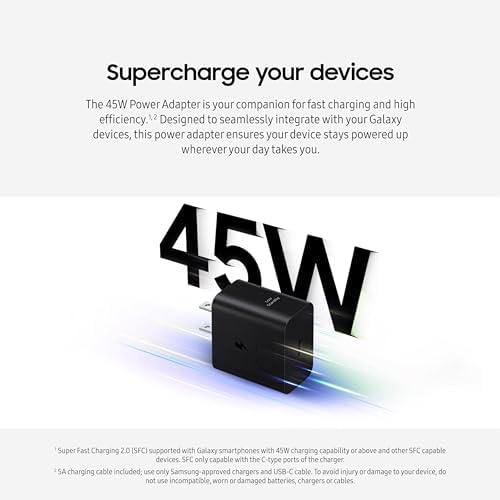 SAMSUNG 45 W Ultra-Fast Wall Charger with USB Type-C Cable – Efficient Power Adapter for Galaxy Devices & USB-C Gadgets, Sleek Black Design for On-the-Go Charging, Low Energy Consumption, Ideal for Busy Lifestyles, EP-T4511 XBEGUS