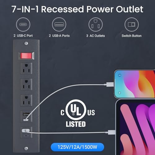 Recessed Power Strip with 15 W Wireless Charging & PD20 W USB-C Fast Charge – Sleek Flush Mount Design for Nightstands, Sofas, and Tables – Maximize Space and Efficiency with Dual Outlets and USB Ports for Ultimate Convenience