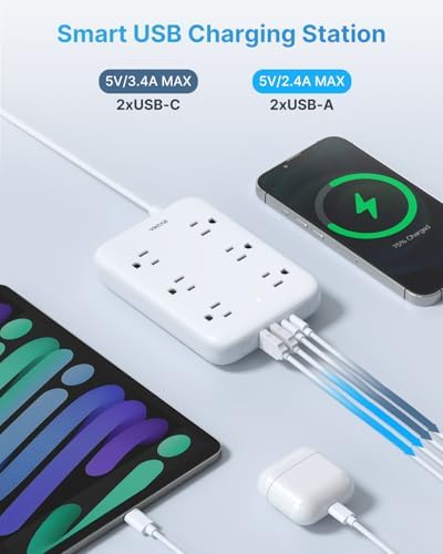 VINTAR 2 Prong Power Strip with Surge Protection – 6 ft Extension Cord Featuring 6 Outlets & 4 USB Ports (2 USB-C) for Enhanced Charging and Device Compatibility, Non-Grounded Wall Mount Adapter for Streamlined Power Management in Home and Office Settings