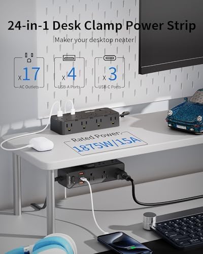 Maximize Your Workspace Efficiency: Dual Layer Desk Clamp Power Strip & Surge Protector with 17 AC Outlets and 7 USB Ports (3 USB-C) – 10 ft Extension Cord for Flexible Setup, 1700 J Protection – Ultimate Space-Saving Charging Station for Home and Office