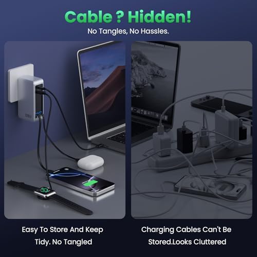 120 W Ga N IV USB-C Charger Station with Dual Retractable Cables – Fast Charging Wall Adapter for Mac Book, i Pad, i Phone 16/15/14, Galaxy S24 & Android Devices – Compact 4-in-1 Foldable Design for Effortless Travel and Enhanced Compatibility
