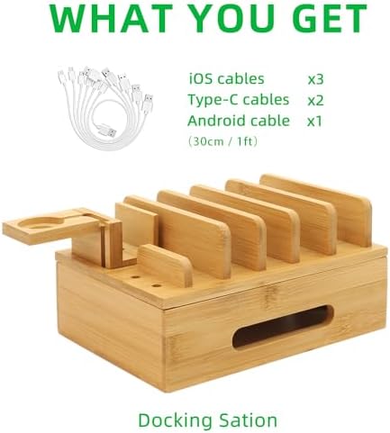 Eco-Friendly Bamboo Charging Station: Multi-Device Organizer Dock for Phones, Tablets, Smartwatches & Earbuds – Includes 6 Cables for Enhanced Compatibility & Fast Charging – Stylish Desk Accessory for Tidy Workspaces