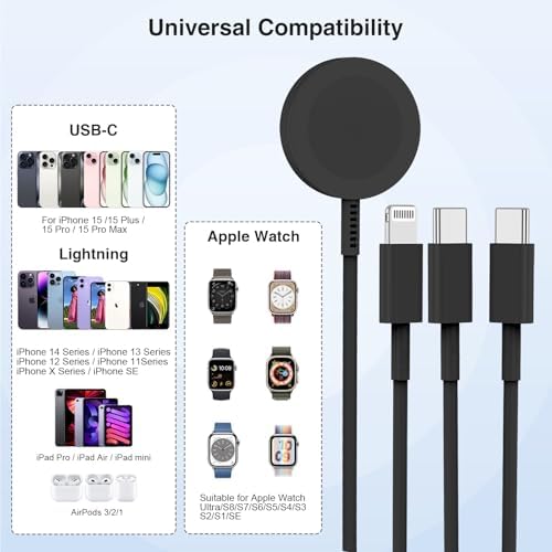 Ultimate 3-in-1 Magnetic Charger for Apple Watch – Fast USB-C Charging Cable for i Phone & i Pad Compatibility – 6 FT Versatile Length for All Apple Watch Series – Durable Design for Effortless Home and Travel Charging
