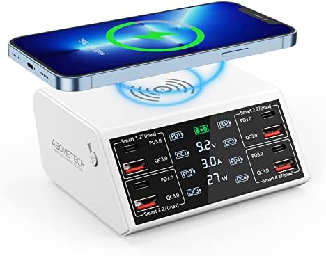 ASOMETECH 100 W 8-Port USB Charging Station with Quick Charge 3.0 & USB-C PD – High-Efficiency Wireless Charging Hub Featuring LCD Display for Seamless Multi-Device Power Management – Ideal for i Phone 13, i Pad, Samsung, and More – Smart Power Distribution & Compact Design for Home or Office