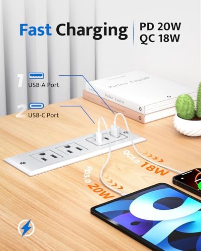 Sleek Recessed Power Strip with 20 W USB-C Fast Charger & USB-A Port – Space-Saving Desk Outlet for Effortless Device Charging, 6 ft Cord & 45° Slim Plug for Easy Access in Furniture – Ideal for Home Office and Conference Rooms